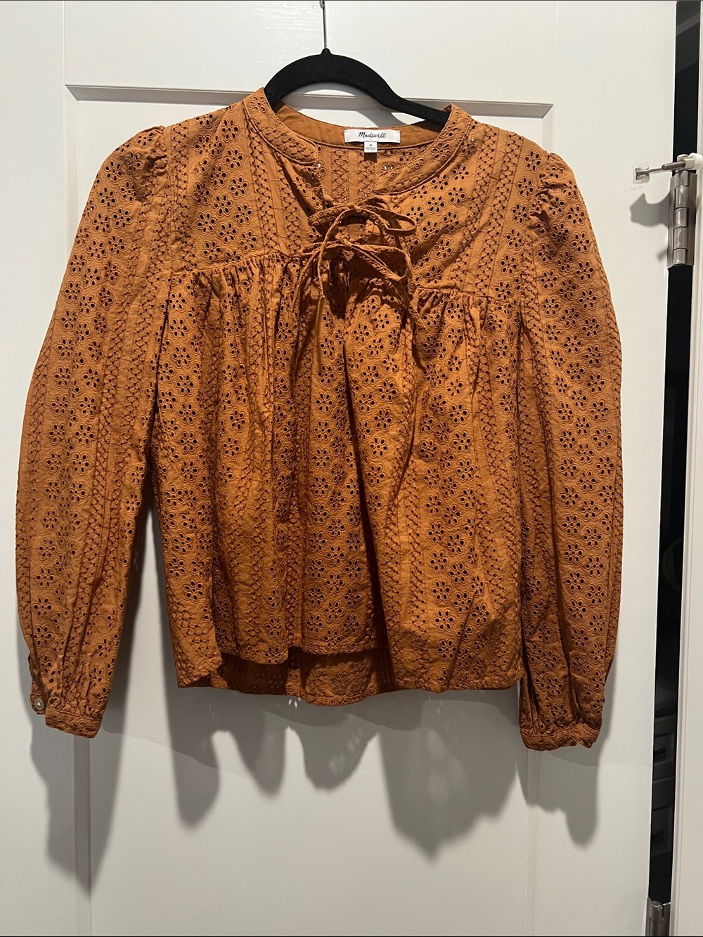 Madewell Burnt Orange Eyelet Lace-Up Peasant Blouse